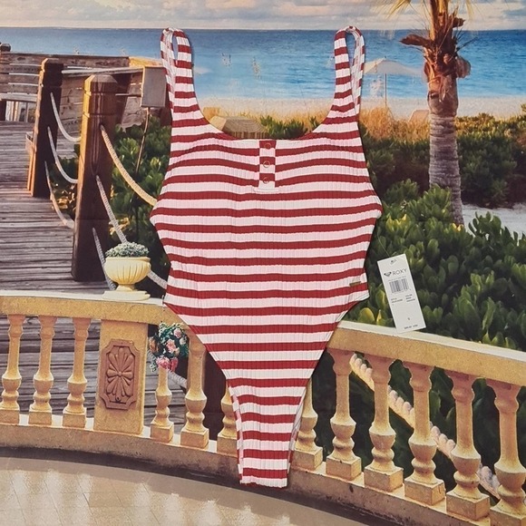 Roxy Red White Striped Bikini One Piece NWT - Picture 2 of 9